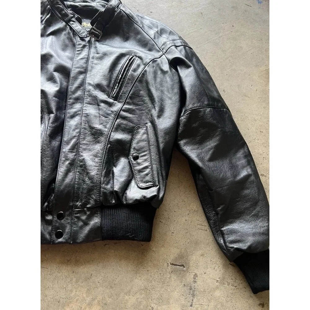 Vintage Reed Leather Black Motorcycle Plaid Lined Jacket Men’s Sz Large 48